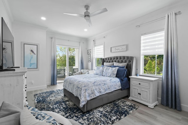 4707 SE Manatee Way, Stuart, FL 34997 - bedroom with access to outside, ornamental molding, recessed lighting, and light wood-type flooring