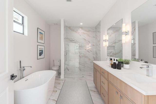 4665 SW Keats St, Port Saint Lucie, FL 34953 - full bath featuring a marble finish shower, marble finish flooring, a soaking tub, double vanity, and recessed lighting