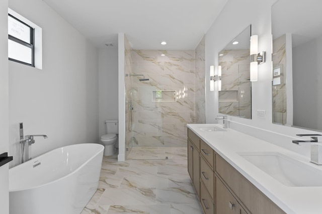 4665 SW Keats St, Port Saint Lucie, FL 34953 - full bath with a marble finish shower, marble tiled floors, recessed lighting, a freestanding bath, and toilet