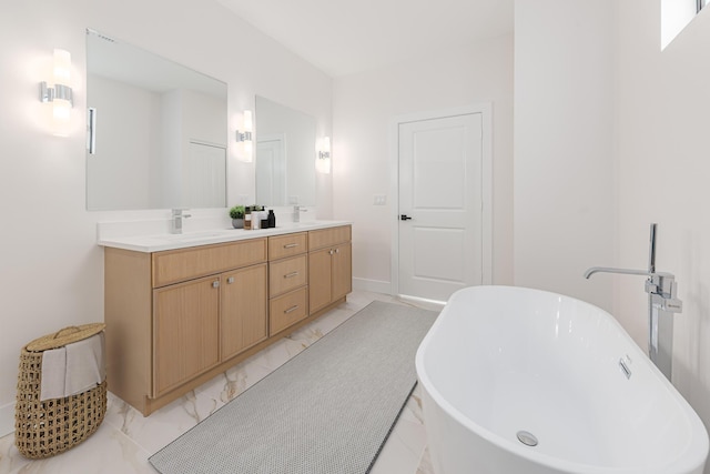 4665 SW Keats St, Port Saint Lucie, FL 34953 - full bath featuring double vanity, marble look tile flooring, and a soaking tub