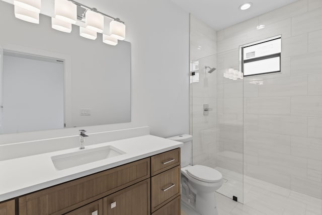4665 SW Keats St, Port Saint Lucie, FL 34953 - bathroom featuring toilet, a walk in shower, vanity, recessed lighting, and tile patterned floors