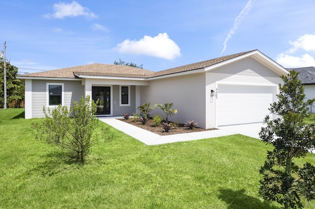 4665 SW Keats St, Port Saint Lucie, FL 34953 - ranch-style house featuring an attached garage, a front lawn, stucco siding, concrete driveway, and roof with shingles