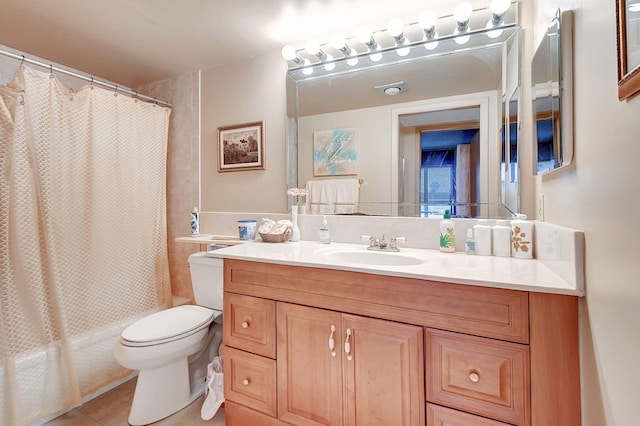 full bath featuring toilet, shower / bathtub combination with curtain, tile patterned flooring, and vanity