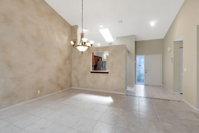 8449 Springlake Dr, Boca Raton, FL 33496 - spare room with high vaulted ceiling, a ceiling fan, baseboards, light tile patterned floors, and visible vents