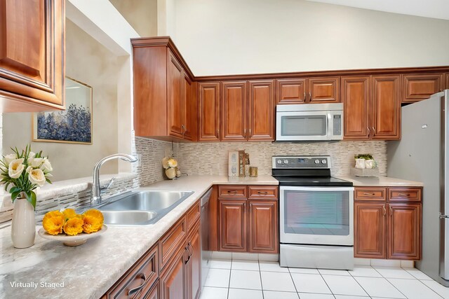 8449 Springlake Dr, Boca Raton, FL 33496 - spare room featuring high vaulted ceiling, visible vents, light tile patterned floors, and ceiling fan with notable chandelier