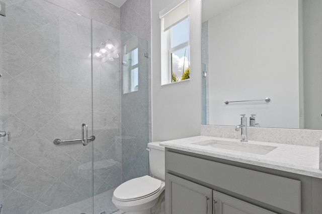 bathroom with vanity, toilet, and a shower stall