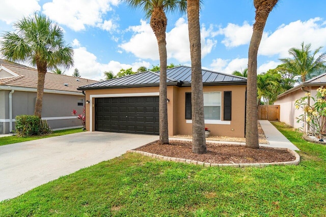 single story home featuring fence, an attached garage, stucco siding, a standing seam roof, and driveway