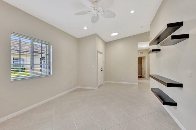 unfurnished room featuring baseboards, recessed lighting, ceiling fan, and light tile patterned flooring