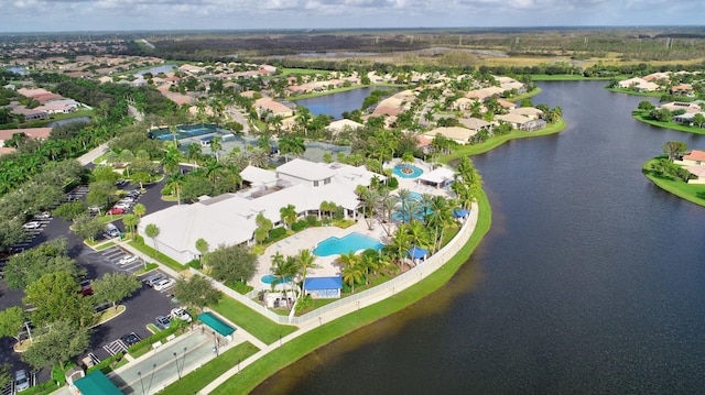 aerial view featuring a residential view and a water view