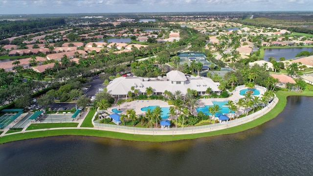 aerial view featuring a water view and a residential view