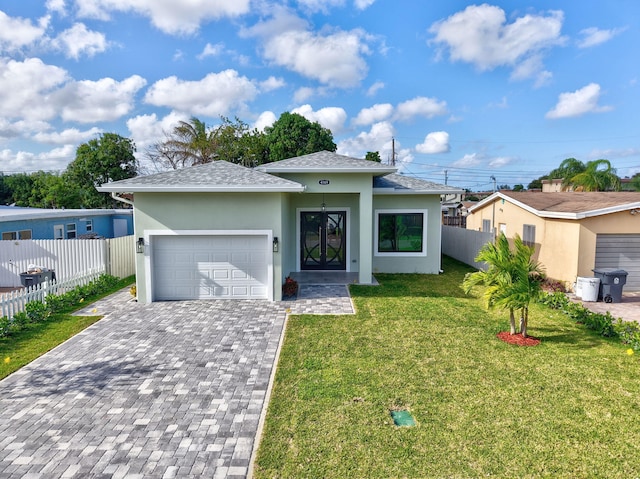 view of front of property with a front yard, roof with shingles, a garage, decorative driveway, and stucco siding