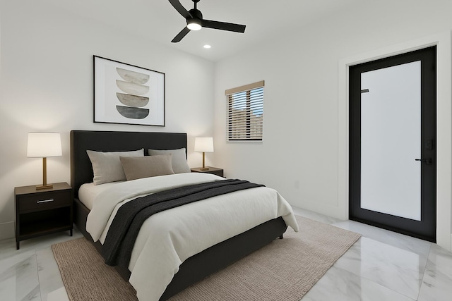 bedroom featuring recessed lighting, a ceiling fan, and marble finish floor