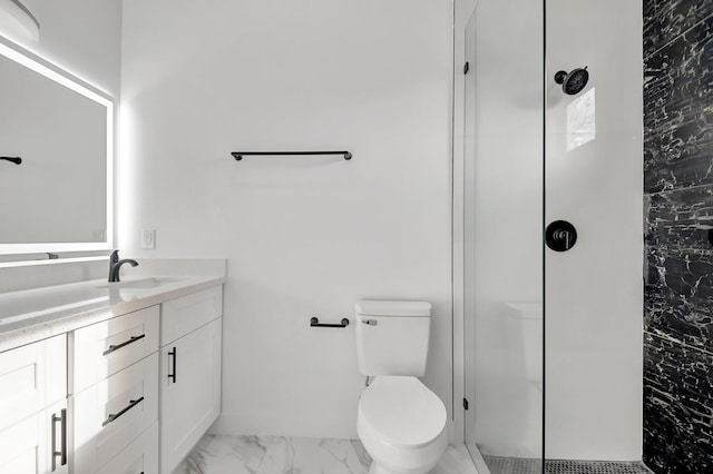 bathroom featuring a walk in shower, vanity, toilet, and marble finish floor