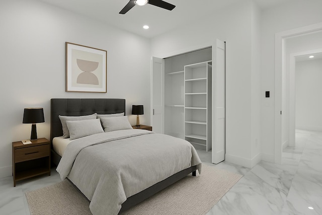 bedroom with recessed lighting, baseboards, a ceiling fan, and marble finish floor