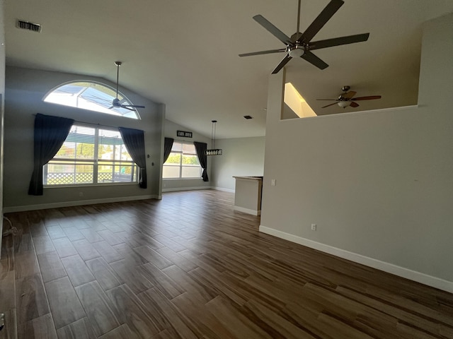 12362 Pleasant Green Way, Boynton Beach, FL 33437 - unfurnished living room with vaulted ceiling, ceiling fan, dark wood finished floors, and baseboards