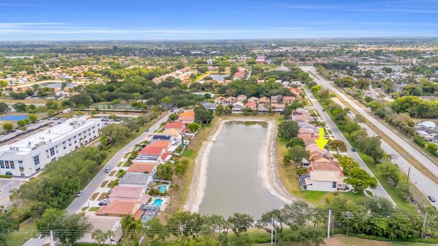 drone / aerial view featuring a water view