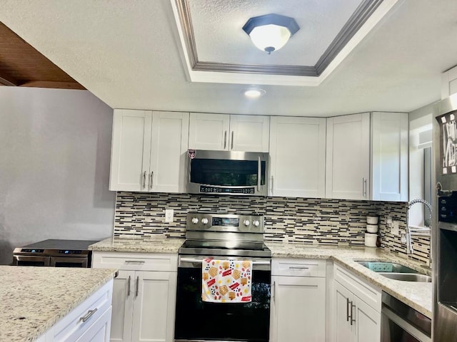 kitchen with white cabinetry, appliances with stainless steel finishes, a sink, and a raised ceiling