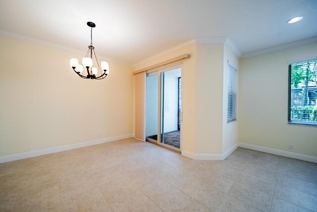 unfurnished room featuring a chandelier, crown molding, baseboards, and recessed lighting