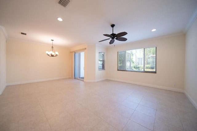 empty room with ornamental molding, a chandelier, ceiling fan, light tile patterned flooring, and recessed lighting