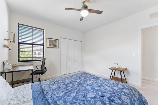 12968 Anthorne Ln, Boynton Beach, FL 33436 - carpeted bedroom featuring baseboards, visible vents, ceiling fan, and a closet