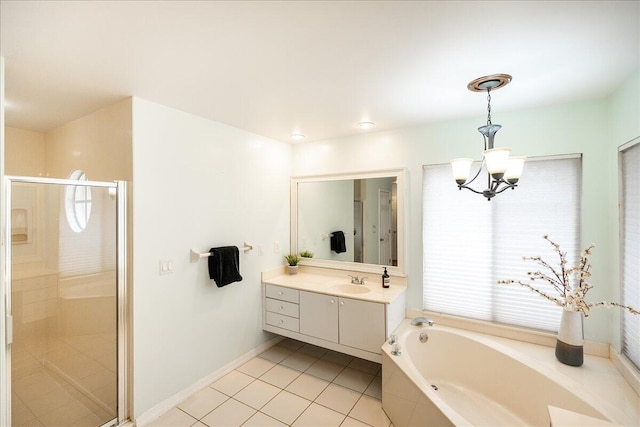 761 SW Lighthouse Dr, Palm City, FL 34990 - full bath featuring an inviting chandelier, tile patterned flooring, a stall shower, and two vanities
