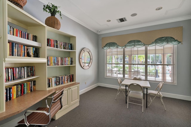 office space featuring visible vents, ornamental molding, and dark colored carpet