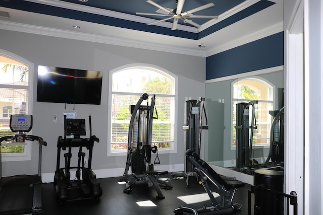 9825 Baywinds Dr Unit 1208, West Palm Beach, FL 33411 - exercise room featuring ornamental molding, baseboards, and a raised ceiling