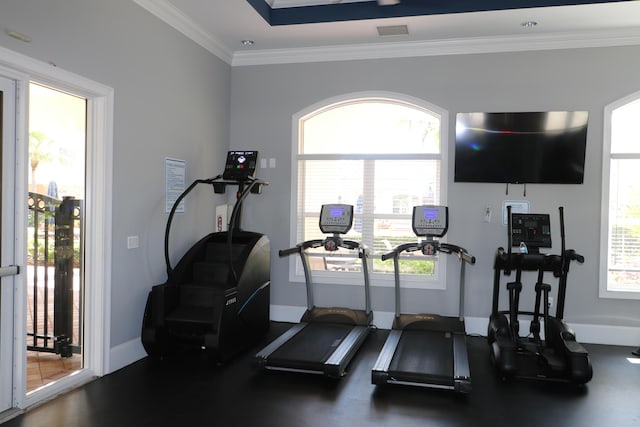 9825 Baywinds Dr Unit 1208, West Palm Beach, FL 33411 - gym with baseboards, crown molding, and plenty of natural light
