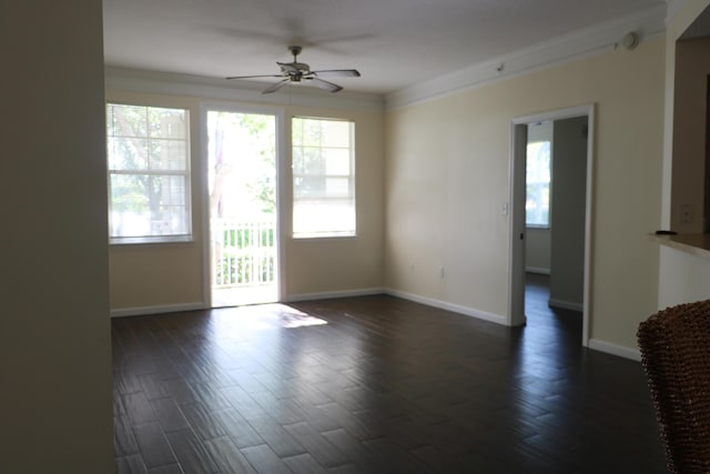 9825 Baywinds Dr Unit 1208, West Palm Beach, FL 33411 - empty room with a ceiling fan, healthy amount of natural light, baseboards, ornamental molding, and dark wood-type flooring