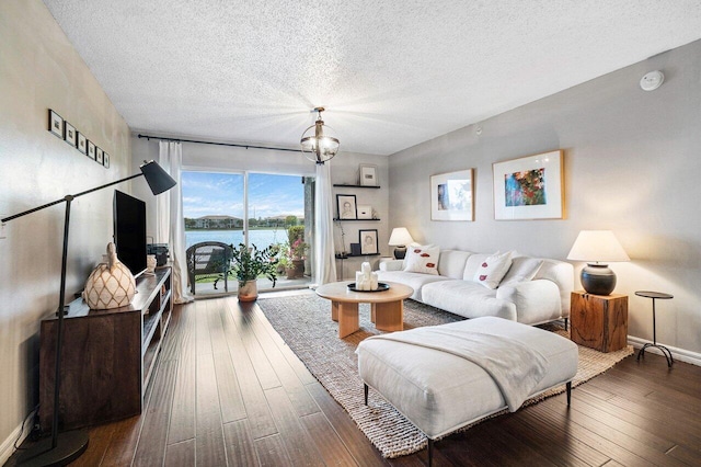 5031 Wiles Rd Unit 104, Coconut Creek, FL 33073 - living area with wood-type flooring, a textured ceiling, baseboards, and a chandelier