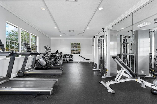 5031 Wiles Rd Unit 104, Coconut Creek, FL 33073 - workout area featuring crown molding, recessed lighting, and visible vents