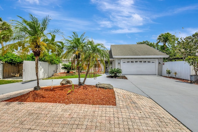 view of front facade featuring an attached garage, roof with shingles, fence, and concrete driveway