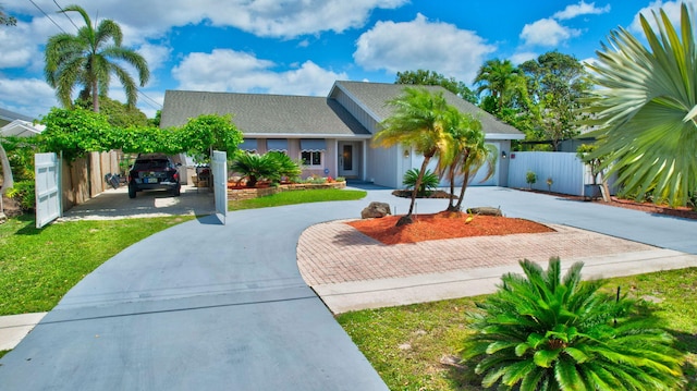 147 Oregon Ln, Boca Raton, FL 33487 - view of front of house with curved driveway, a shingled roof, and an attached garage