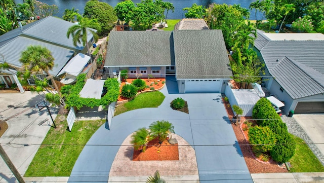 aerial view featuring a water view