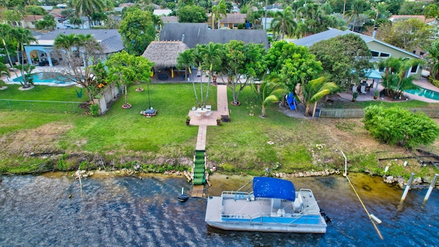 drone / aerial view with a water view