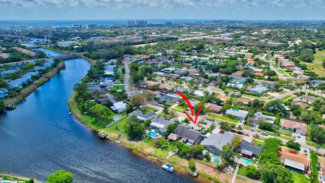 147 Oregon Ln, Boca Raton, FL 33487 - aerial view of property's location with a large body of water, nearby urban area, a notable bridge, and nearby suburban area