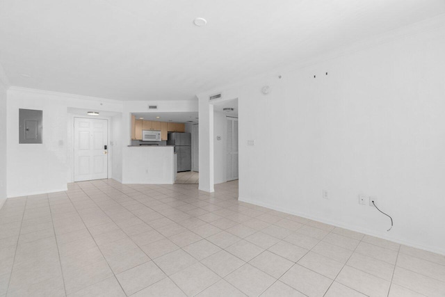 1801 N Flagler Dr Unit 828, West Palm Beach, FL 33407 - unfurnished living room with electric panel, crown molding, light tile patterned floors, and baseboards