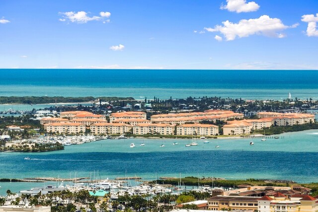 bird's eye view with a water view