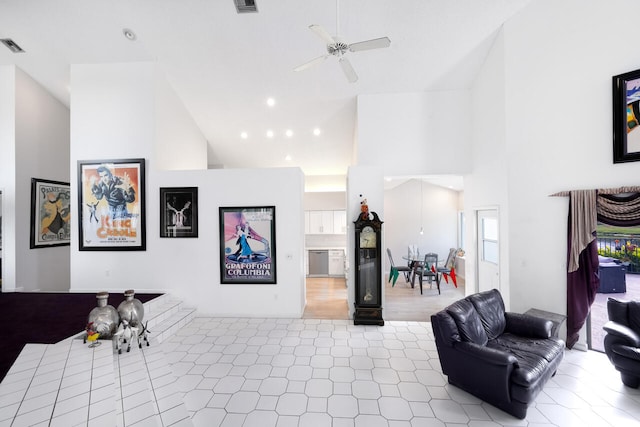 living area with high vaulted ceiling, a ceiling fan, recessed lighting, and visible vents