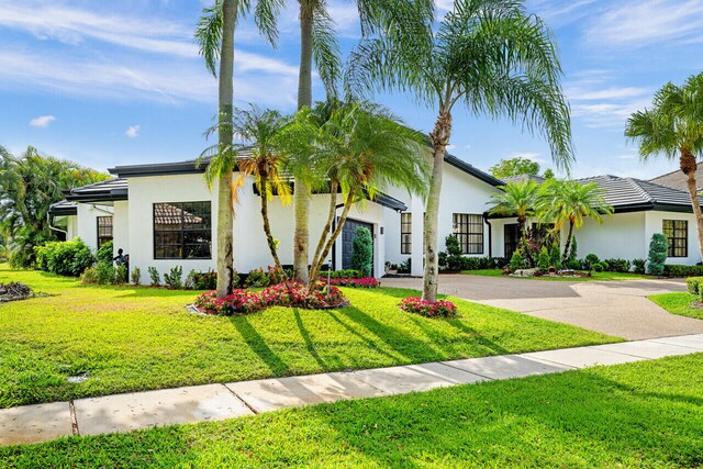view of front of house with an attached garage, driveway, a front yard, and stucco siding