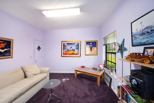 carpeted living area featuring baseboards and a textured ceiling