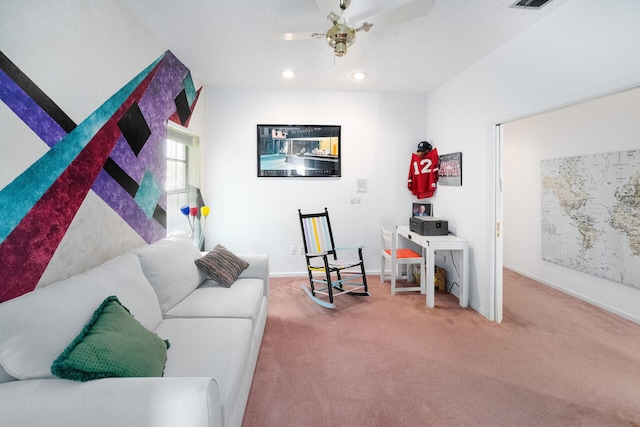living area with recessed lighting, carpet, ceiling fan, and baseboards
