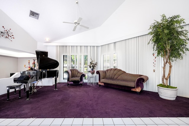 living area featuring visible vents, carpet flooring, ceiling fan, and high vaulted ceiling