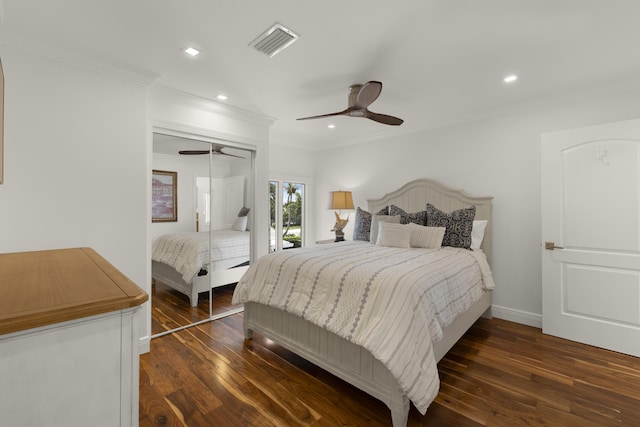 103 River Dr, Tequesta, FL 33469 - bedroom featuring crown molding, dark wood-type flooring, a closet, recessed lighting, and ceiling fan