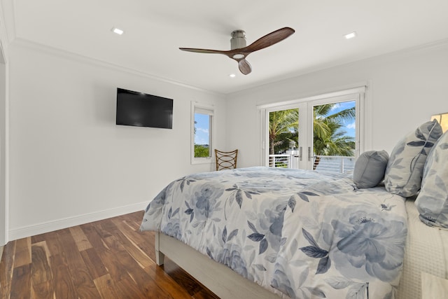 103 River Dr, Tequesta, FL 33469 - bedroom with access to outside, dark wood-style flooring, crown molding, french doors, and baseboards