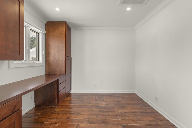 103 River Dr, Tequesta, FL 33469 - unfurnished office featuring built in study area, dark wood finished floors, crown molding, and baseboards