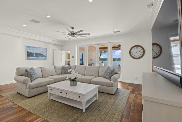 103 River Dr, Tequesta, FL 33469 - living area featuring ornamental molding, a ceiling fan, recessed lighting, dark wood-style flooring, and baseboards