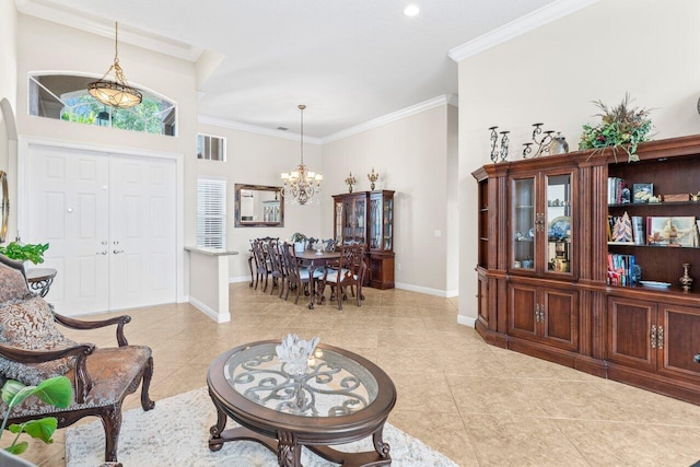 8837 Woodgrove Ridge Ct, Boynton Beach, FL 33473 - interior space with light tile patterned floors, baseboards, crown molding, and a notable chandelier