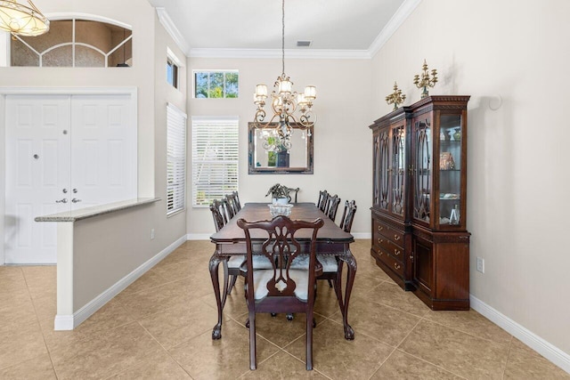 8837 Woodgrove Ridge Ct, Boynton Beach, FL 33473 - tiled dining space featuring baseboards, an inviting chandelier, ornamental molding, and a healthy amount of sunlight