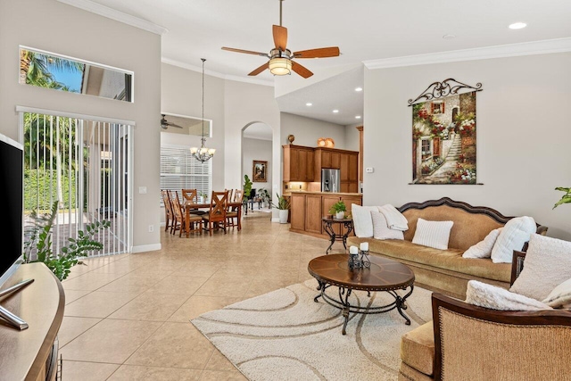 8837 Woodgrove Ridge Ct, Boynton Beach, FL 33473 - living area featuring crown molding, baseboards, ceiling fan, and light wood finished floors